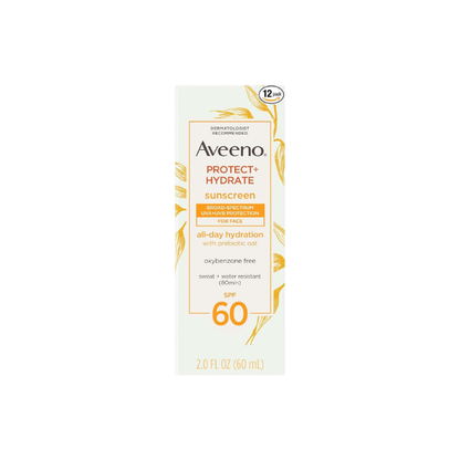 Aveeno Protect + Hydrate Face Sunscreen, SPF 60 Broad Spectrum, for Sensitive Skin, Travel Size, Water Resistant (80 minutes), Paraben, Oxybenzone & Oil Free, 2 fl oz (Pack of 12)