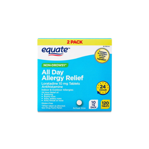 Equate Non-Drowsy All Day Allergy Relief Loratadine 10 mg Tablets Antihistamine, 120 Count (2x60 Count), Compare to ClaritinÂ 24 Hour Active Ingredient