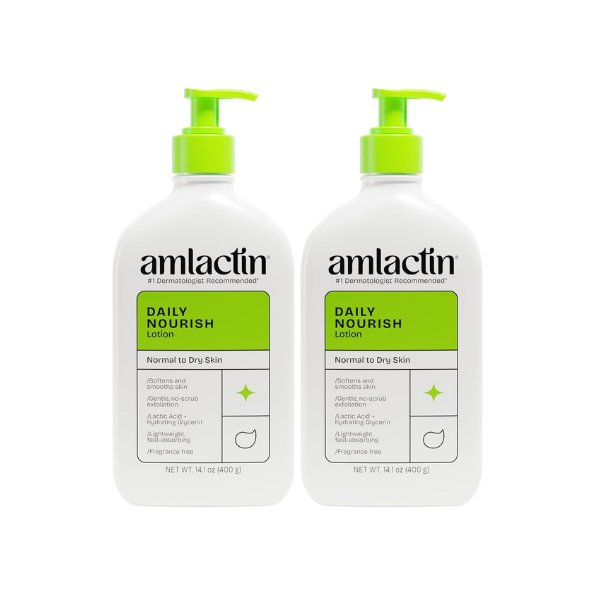 AmLactin Daily Nourish Therapeutic Body Lotion for Dry Skin - No-Scrub Exfoliator and Moisturizer 12% Lactic Acid Lotion,14.1 oz (Packaging May Vary),(Pack of 2)