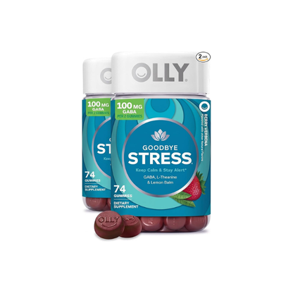 OLLY Goodbye Stress Gummy,GABA,L-Theanine,Lemon Balm,Stress Relief Supplement,Berry -,74 Count (Pack of 2)