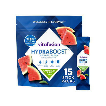 Vitafusion Hydraboost Drink Powder Packets, Electrolytes Support Daily Hydration, Vitamins Support Cellular Energy & Immune Health, Prebiotic Fiber Supports Gut Health, Watermelon Blast, 15 Sticks