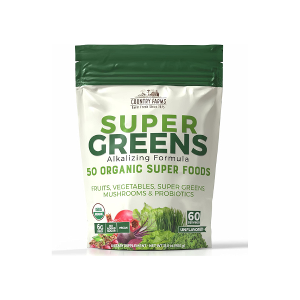 Country Farms Super Greens Natural Flavor, 50 Organic Super Foods, USDA Organic Drink Mix, Fruits, Vegetables, Super Greens, with Fiber, Mushrooms & Probiotics, Supports Energy, 60 Servings, 900g