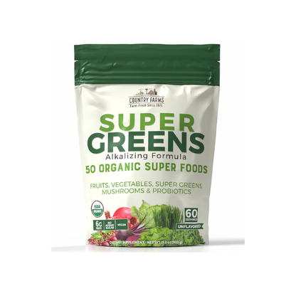 Country Farms Super Greens Natural Flavor, 50 Organic Super Foods, USDA Organic Drink Mix, Fruits, Vegetables, Super Greens, with Fiber, Mushrooms & Probiotics, Supports Energy, 60 Servings, 900g