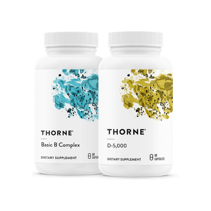 THORNE - Basic B Complex (60 Capsules) & Vitamin D-5000 (60 Capsules) Bundle - Supports Cellular Energy Production, Brain Health & Healthy Bones - Gluten, Dairy & Soy-Free