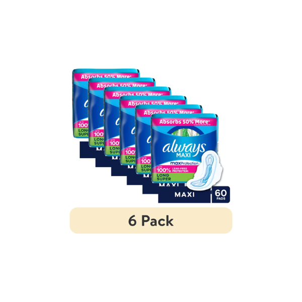 (6 pack) Always Maxi Pads with Wings, Size 2, Long Super, 60 Count