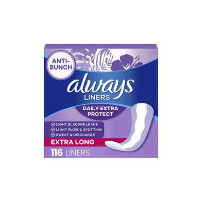 Always Anti-Bunch Xtra Protection Daily Liners, Extra Long, Unscented, 116 CT