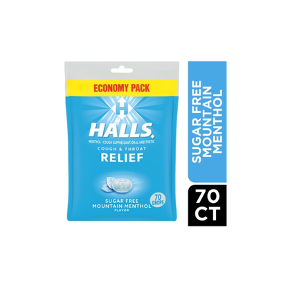 HALLS Cough and Throat Relief Mountain Menthol Sugar Free Cough Drops, No Synthetic Dyes, FSA/HSA Eligible, Value Pack, 70 Drops