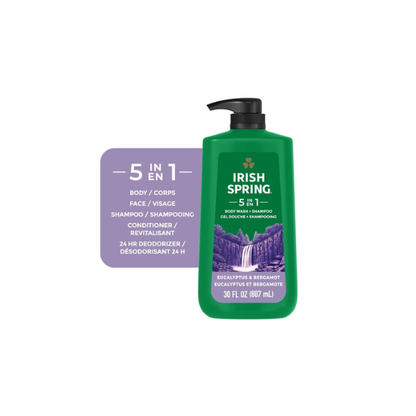 Irish Spring 5 in 1 Moisturizing Body Wash for Men, Fresh Eucalyptus & Bergamot Scent, 30 fl oz