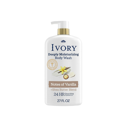 Ivory Deeply Moisturizing Body Wash, 24hr Nourishing Hydration, Soothes Itchy Dry Skin, Made with Shea Butter Blend, Free of Dyes Heavy Perfumes Parabens & Phthalates, Vanilla Scent, 27 oz