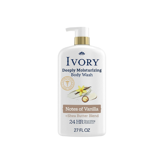 Ivory Deeply Moisturizing Body Wash, 24hr Nourishing Hydration, Soothes Itchy Dry Skin, Made with Shea Butter Blend, Free of Dyes Heavy Perfumes Parabens & Phthalates, Vanilla Scent, 27 oz
