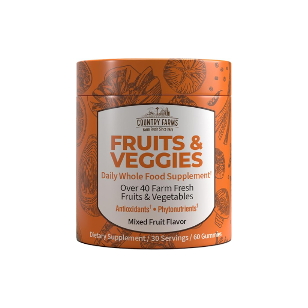 COUNTRY FARMS Fruits and Veggies Gummies, with Over 40 Farm Fresh Fruits & Vegetables, Packed with Powerful Antioxidants, (Spirulina, Blueberry, Mushrooms), Daily Whole Food Supplement, Pectin Based,