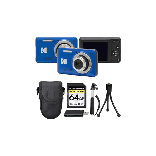 Kodak PIXPRO FZ55 Digital Camera, 16MP Compact Point & Shoot, 5X Optical Zoom, 28mm Wide Angle Lens, 1080P HD Video, Blue + 64GB SD Card, Case, Selfie Stick, Mini Tripod & USB Card Reader