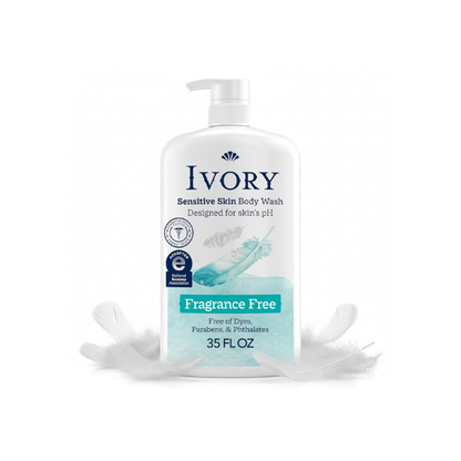 Ivory Sensitive Body Wash, Fragrance-Free, Designed for the Whole Family, Gentle Formula, Free of Dyes Heavy Perfumes Parabens Phthalates & Silicones, Designed for Skin's pH, 35 oz