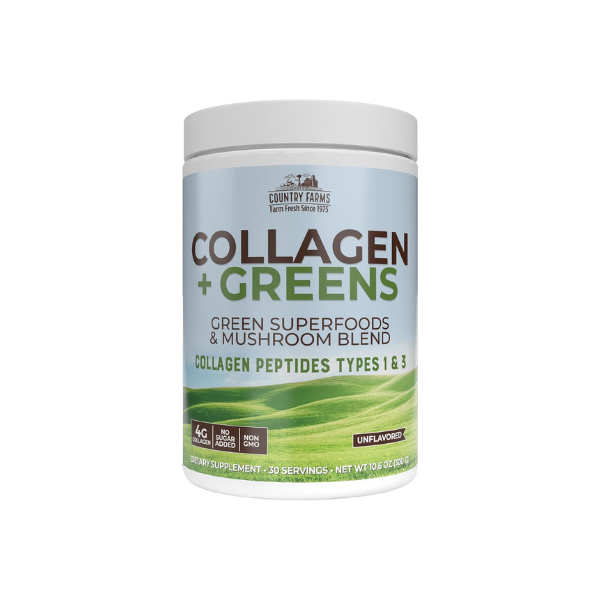 Country Farms Collagen Peptides Powder with Greens Dietary Powder Supplement (Type I, III) for Skin Hair Nail and Joints, Dairy/Sugar Free, Energizing Superfoods, Natural, 10.6 Oz 30 Servings