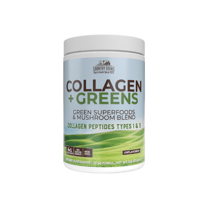 Country Farms Collagen Peptides Powder with Greens Dietary Powder Supplement (Type I, III) for Skin Hair Nail and Joints, Dairy/Sugar Free, Energizing Superfoods, Natural, 10.6 Oz 30 Servings