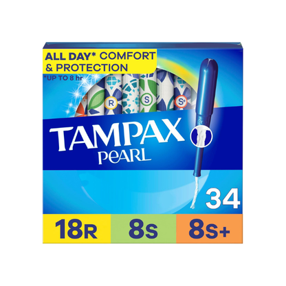 Tampax Pearl Tampons Multipack, Regular/Super Plus Absorbency, With Leakguard Braid, Unscented, 34 Count