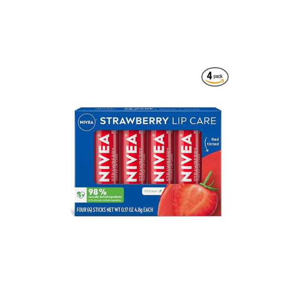 NIVEA Strawberry Lip Care, Tinted Lip Balms with Shea Butter, 4 x 0.17 OZ