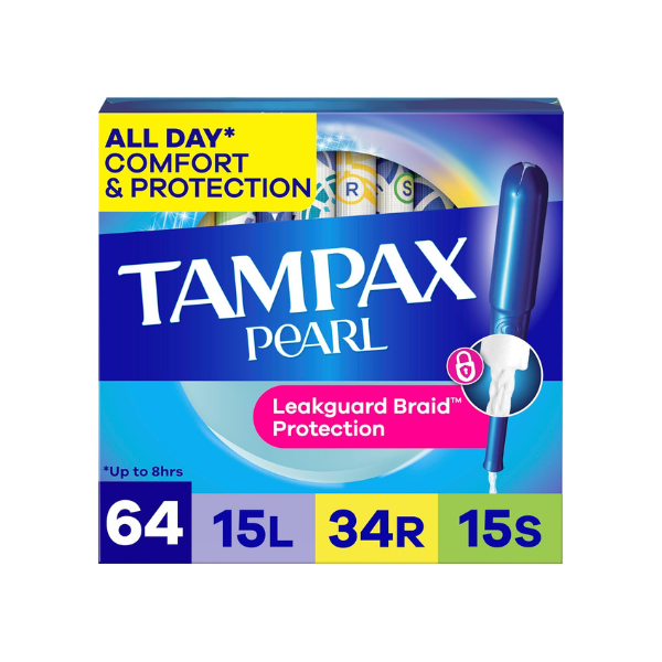 Tampax Pearl Tampons Tampons with Leak-Proof Braid, Lightweight/Regular/Super Absorbent, Unscented (Pack of 64)