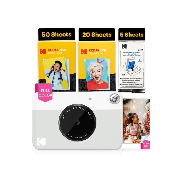 Kodak Printomatic Full-Color Instant Print Digital Camera - 75 Sheets Bundle - Prints On Zink 2x3 Sticky-Back Photo Paper - 5MP, Portable, Creative Fun Gift for Birthday, Christmas, Holiday - Grey