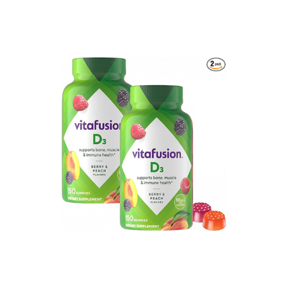 Vitafusion Vitamin D3 Gummies,Bone and Immune Support,Peach,BlackBerry,Strawberry Flavored,50 mcg D3 Gummy Vitamin Supplement,75 Day Supply,150 Count (Pack of 2)