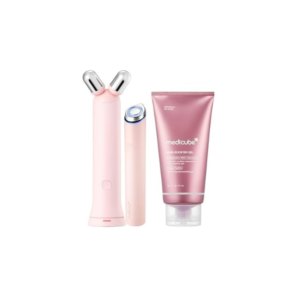 medicube At-Home Contour & Define Device Set: Mini Booster Pro Plus Face Roller Device Set Pink and PDRN Booster Gel | PDRN, Peptides & Niacinamide | Face & Body Massager for Depuffing & Contouring