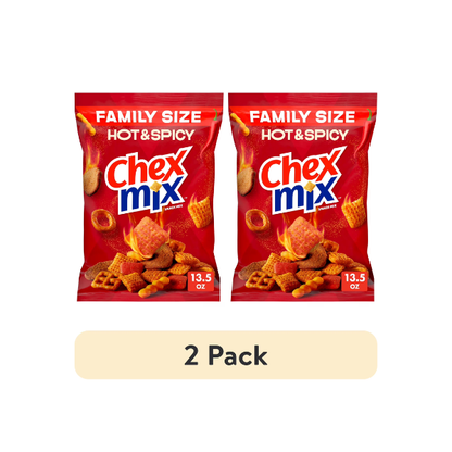 (2 pack) Chex Mix Hot and Spicy Snack Mix, Savory Snack Bag, Family Size, 13.5 oz