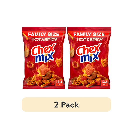 (2 pack) Chex Mix Hot and Spicy Snack Mix, Savory Snack Bag, Family Size, 13.5 oz