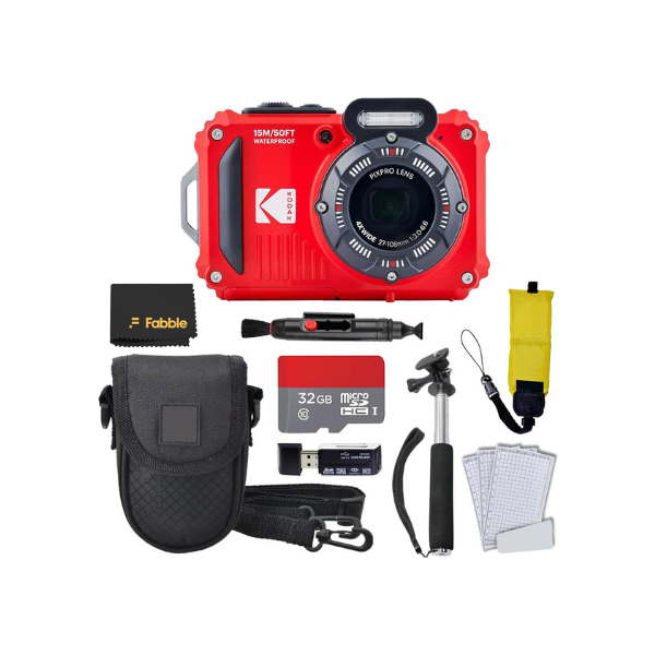 KODAK PIXPRO WPZ2 Rugged Waterproof Digital Camera, Red Bundles with Case, Monopod, Card Reader and More (9 Items)