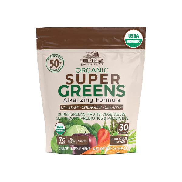 Country Farms Super Greens Chocolate Flavor, 50 Organic Super Foods, USDA Organic Drink Mix (Wheat Grass, Spirulina, Chlorella) Mushrooms & Probiotics, with Fiber, Natural Energy, 30 Servings