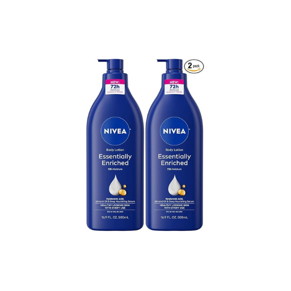 NIVEA Essentially Enriched Body Lotion for Very Dry Skin with Hyaluronic Acid, Almond Oil and Deep Nourishing Serum, 72-Hour Body Moisturizer, 16.9 Fl Oz Pump Bottle (Pack of 2)