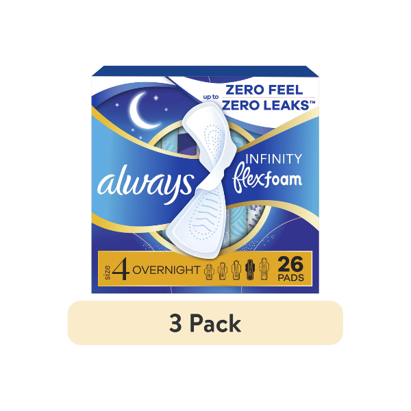(3 pack) Always Infinity FlexFoam Pads, Size 4, Overnight, Wings, Unscented, 26 Count