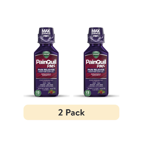 (2 pack) Vicks PainQuil Pain Relief Acetaminophen 1000mg Max Strength Adult Pain Reliever Liquid 12oz, Backache Headache Relief, 1 Nighttime Pain Reliever + Sleep Aid