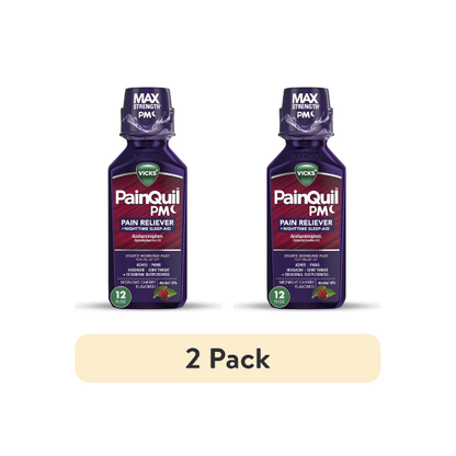 (2 pack) Vicks PainQuil Pain Relief Acetaminophen 1000mg Max Strength Adult Pain Reliever Liquid 12oz, Backache Headache Relief, 1 Nighttime Pain Reliever + Sleep Aid