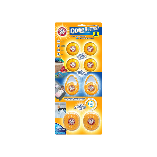 Arm and Hammer Odor Busterz Deodorizer Balls Mixed Pack: 4 odor eliminating balls, 2 with handy clips, 2 with hangers, 8 total for closets, bathrooms, work & sports gear, laundry hamper (8 Count)