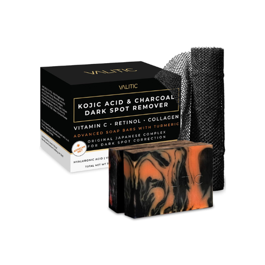 VALITIC Charcoal Kojic Acid Turmeric Black Soap and African Net, 2 Pack