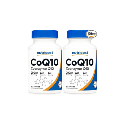 Nutricost CoQ10 200mg, 60 Vegetarian Capsules, 60 Servings - High Absorption, Vegetarian, GMO-Free, Coenzyme Q10 (Pack of 2)