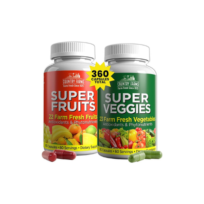 Country Farms Fruits and Vegetables Supplement, 180 Fruit and 180 Veggie Capsules, Greens and Reds Packed with Superfoods, Powerful Antioxidants, 60 Servings