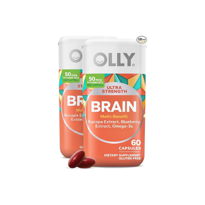 OLLY Ultra Strength Brain Softgels, Nootropic, Supports Healthy Brain Function, Memory, Focus and Concentration, Omega-3s, Vitamins B6 and B12, 30 Day Supply - 60 Count (Pack of 2)