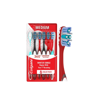 Colgate 360 Advanced Whitening Medium Toothbrushes, Manual Toothbrush Pack, 6 Count