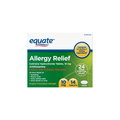 Equate 24 Hour Cetirizine Hydrochloride Allergy Relief Tablets, 10 mg, 14 Count