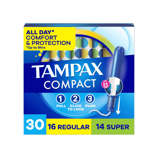 Tampax Compact Pearl Tampons Multipack, with LeakGuard Braid & Extendable Applicator, Regular/Super Absorbency, Compact Extendable Applicator, Unscented, 30 Count