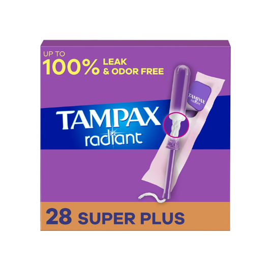 Tampax Radiant Tampons with LeakGuard Braid, Super Plus Absorbency, Unscented, 28 Count (Packaging May Vary)