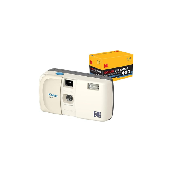 KODAK EC35 35mm Film Camera 35mm, Reusable, Focus-Free, Built-in Flash, Slide Cover, Beginner Friendly (Vanilla White) Bundle with Kodak Ultramax 400/24EXP 35mm Roll Film