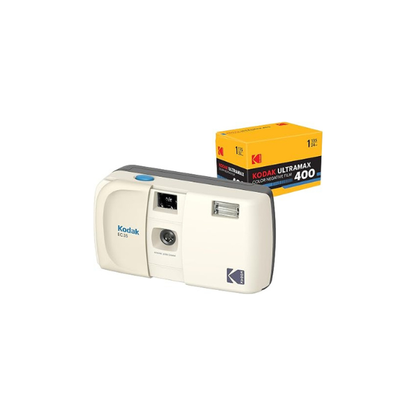 KODAK EC35 35mm Film Camera 35mm, Reusable, Focus-Free, Built-in Flash, Slide Cover, Beginner Friendly (Vanilla White) Bundle with Kodak Ultramax 400/24EXP 35mm Roll Film