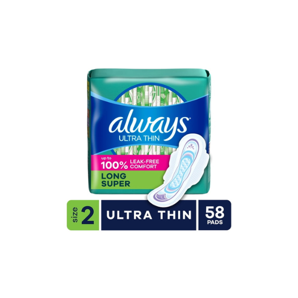 Always Ultra Thin Pads with Wings, Size 2, Long Super Absorbency, 58 Count