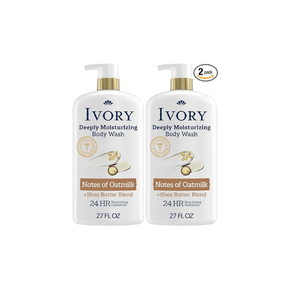 Ivory Body Wash, Deeply Moisturizing, 24hr Nourishing Hydration, Soothes Itchy Dry Skin, Made with Shea Butter Blend, Free of Dyes Heavy Perfumes Parabens & Phthalates, Oatmilk Scent, 27 oz