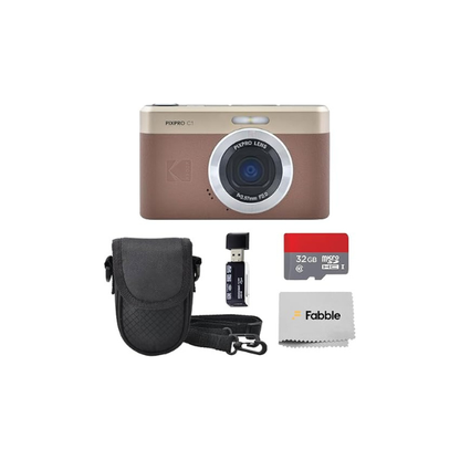 Kodak PIXPRO C1 Compact Digital Camera (Brown) Bundle with 32GB microSDHC Card, Protective Camera Case, Hi-Speed USB Card Reader, USB-C Cable, AC Adapter, and Manufacturer Accessories