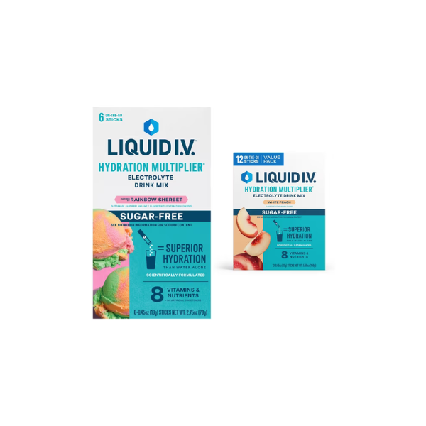 Liquid I.V. White Peach + Rainbow Sherbet Sugar Free Hydration Multiplier Combo Pack, 18 Count + 6 Count Packets, 2 Pack