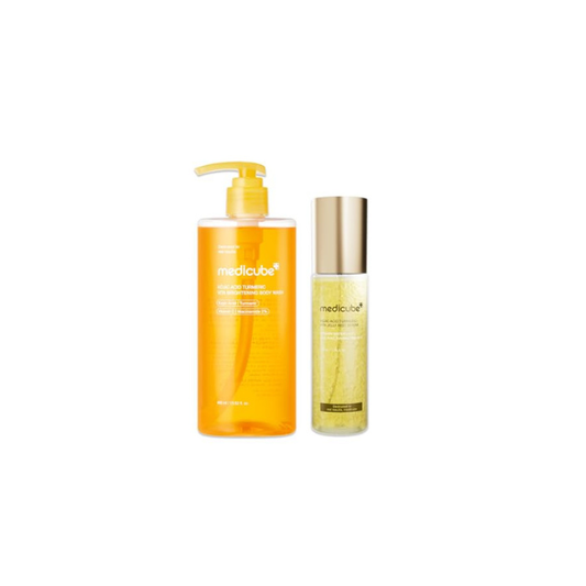 medicube Kojic Acid Body Wash & Glow Spray Duo: Kojic Acid Turmeric Brightening Body Wash and Turmeric Vitamin Gold Jelly Mist Serum | 2-Step Cleanse & Spray for Glowing Body, Post-Shower Routine