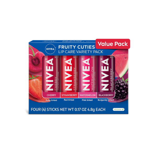 NIVEA Lip Care, Fruity Cuties Lip Balm Variety Pack, 4 x 0.17 OZ